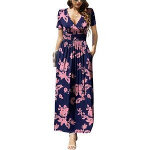Women's Summer Short Sleeves Dress Wrap Waist Maxi Dresses with